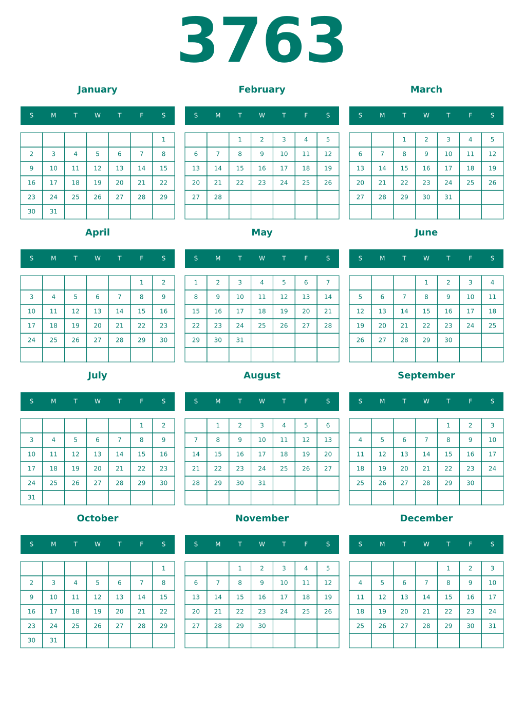 Printable 3763 Year Calendars pastel