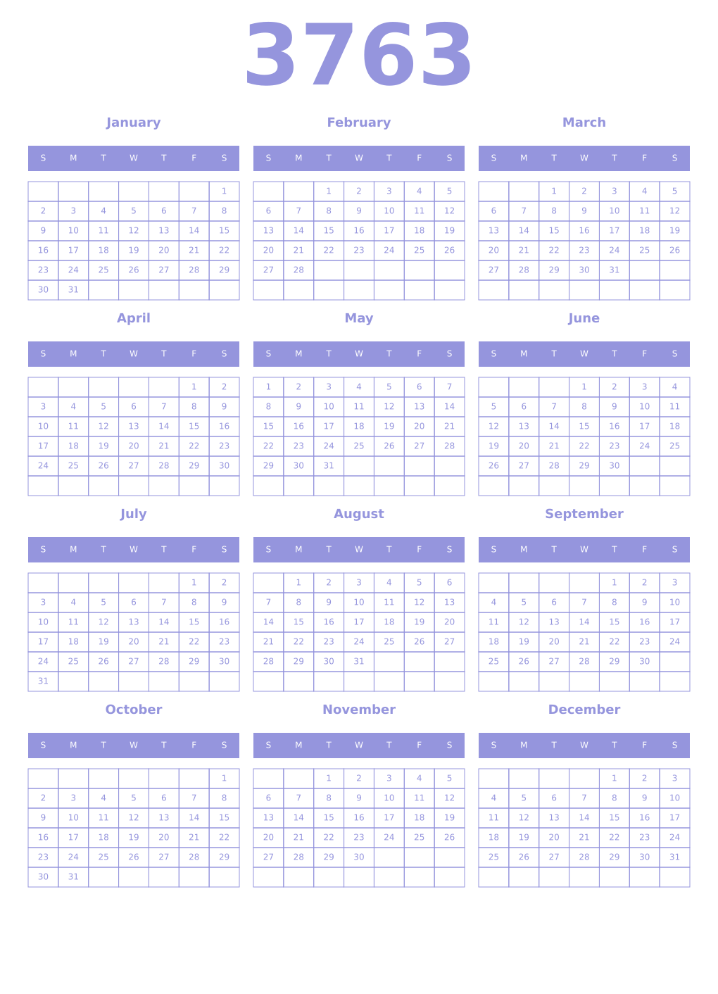 Printable 3763 Year Calendars periwinkle