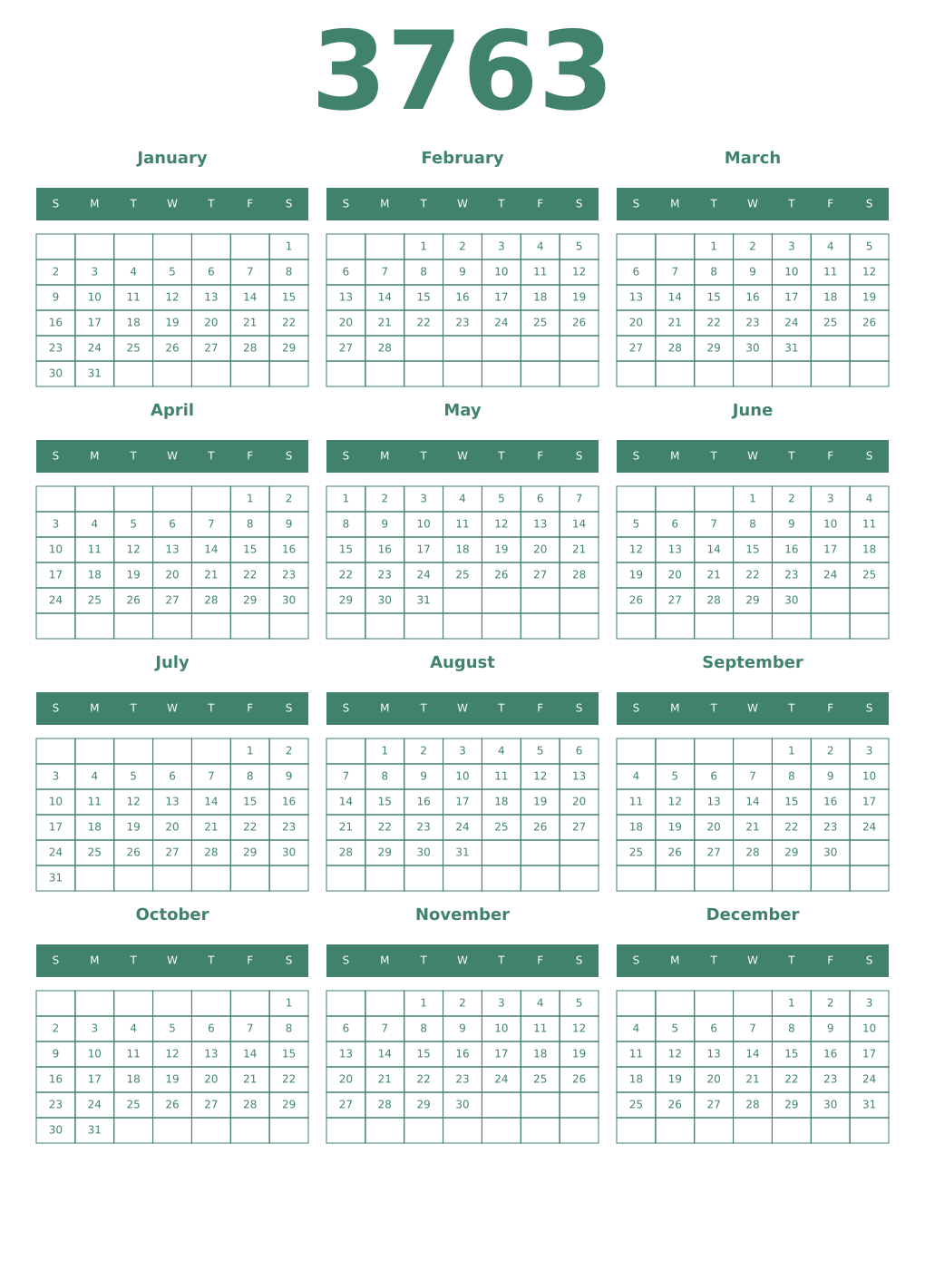 Printable 3763 Year Calendars viridian