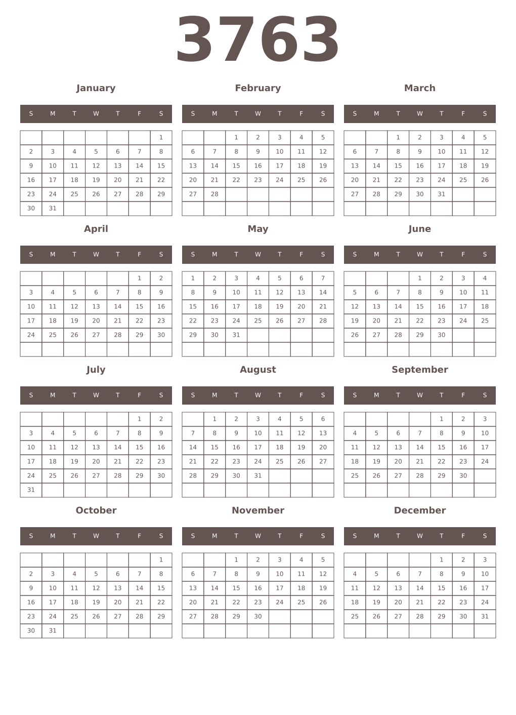 Printable 3763 Year Calendars wenge