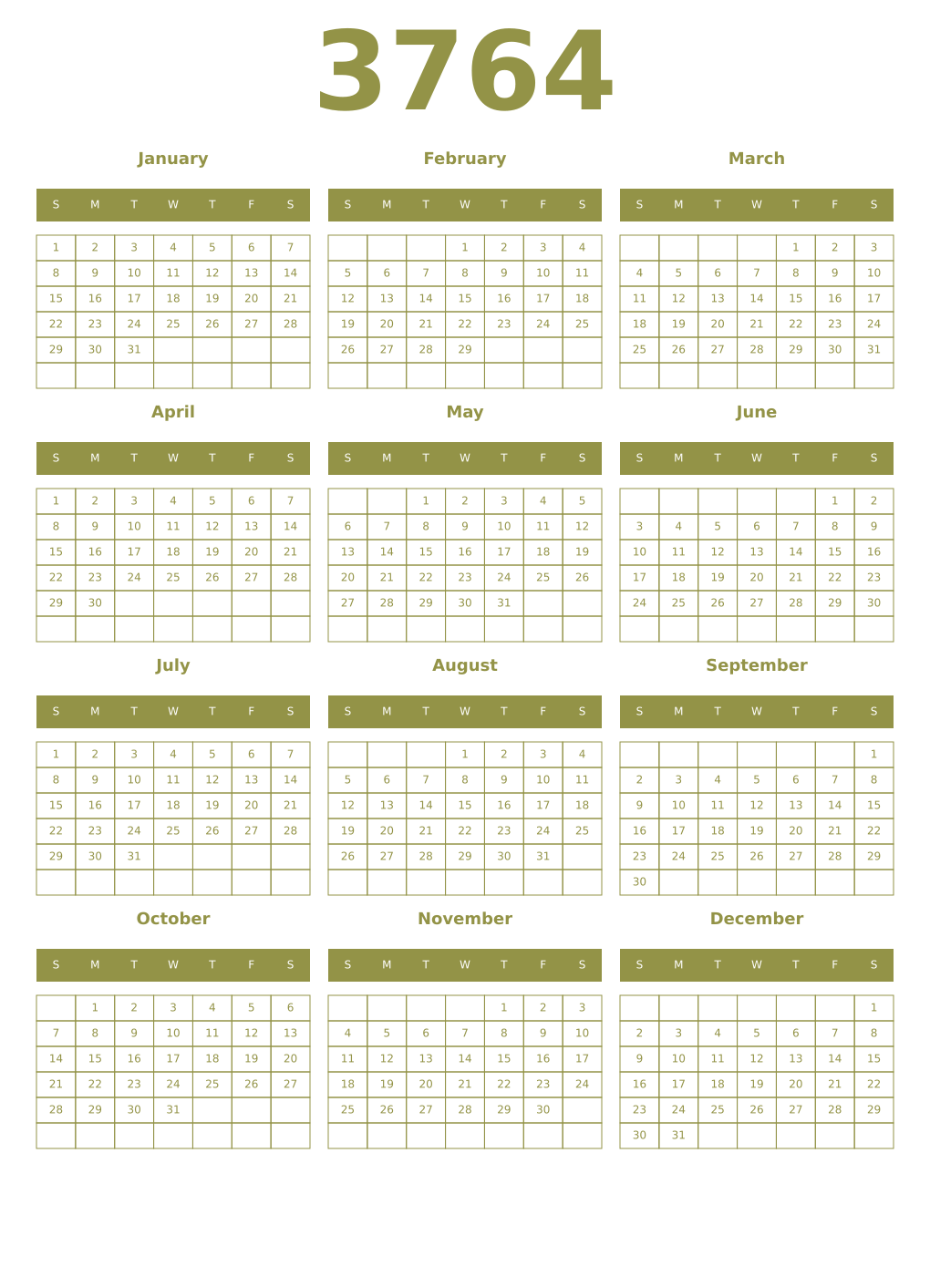 Printable 3764 Year Calendars eburnean