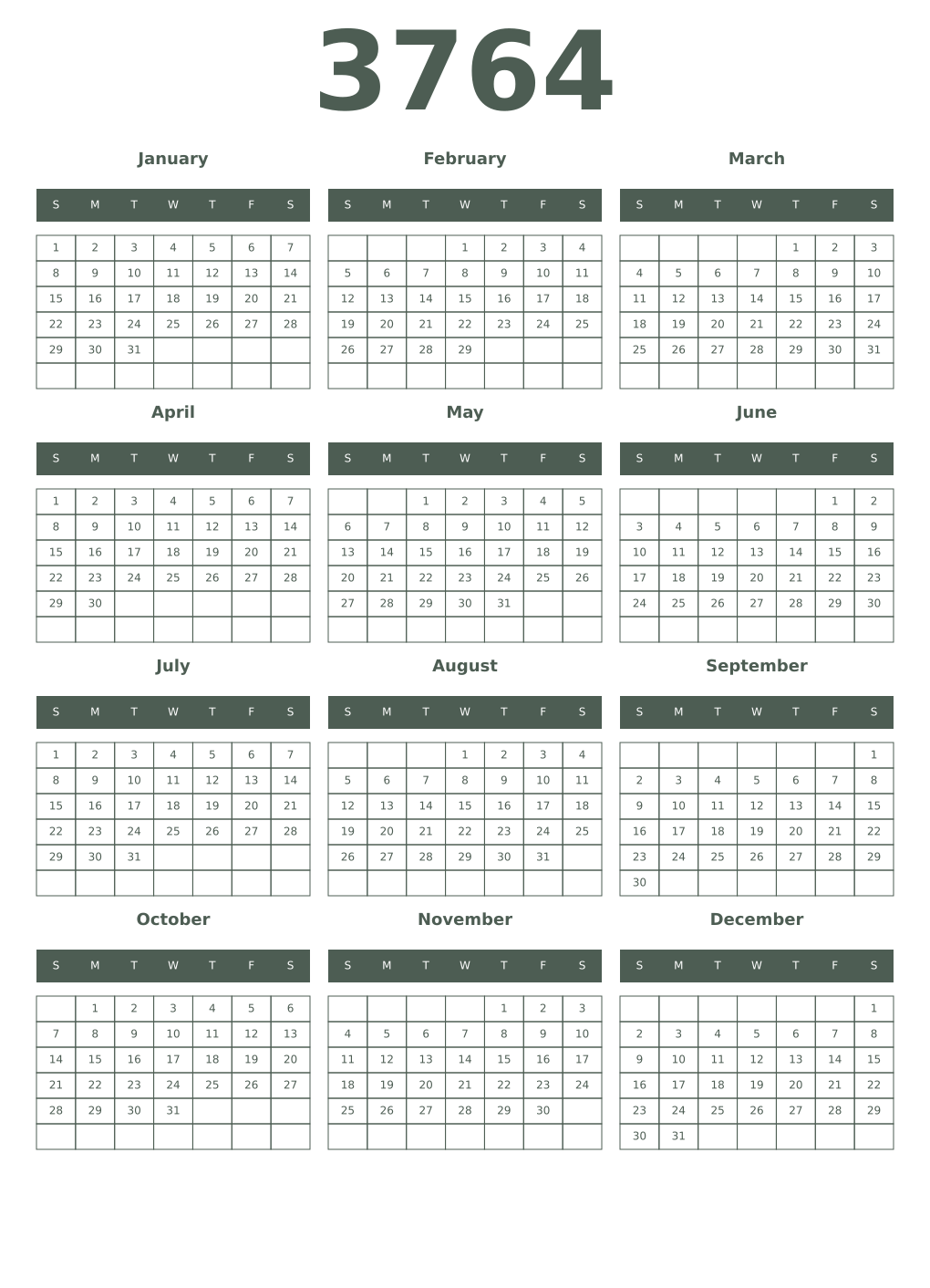 Printable 3764 Year Calendars feldgrau