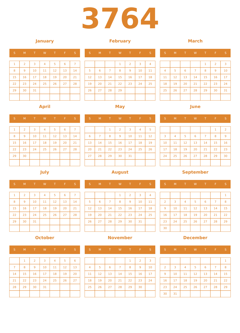 Printable 3764 Year Calendars orange