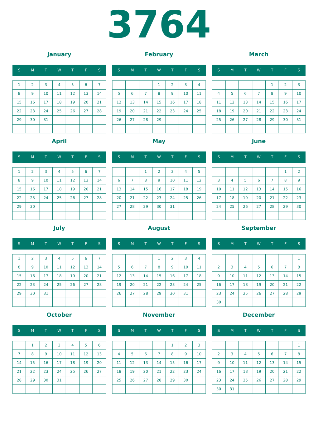 Printable 3764 Year Calendars pastel