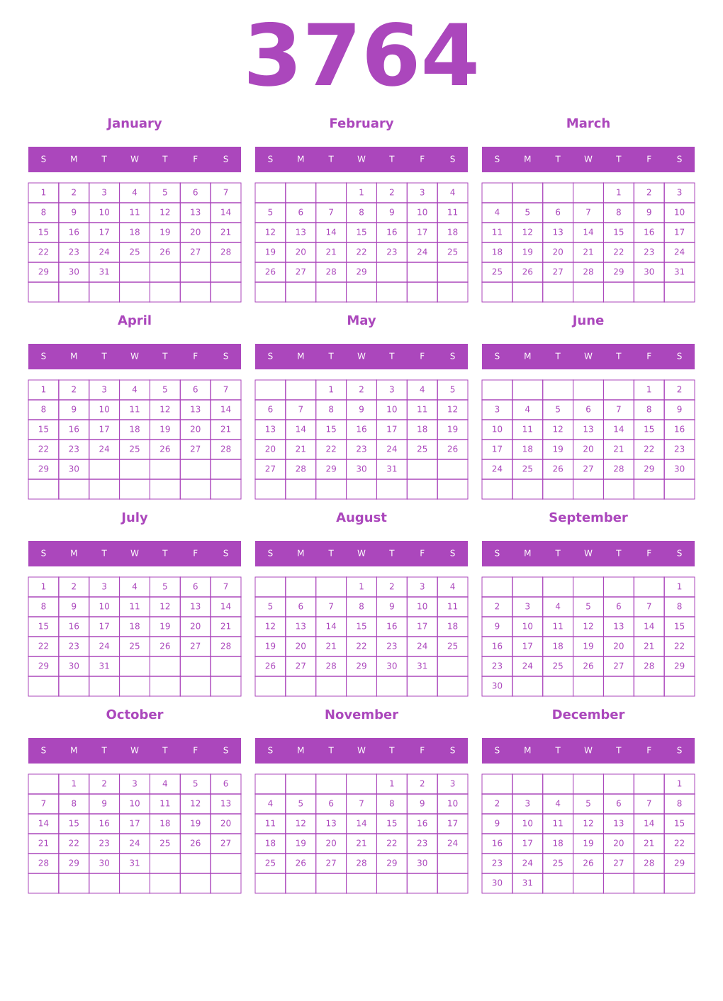Printable 3764 Year Calendars purple