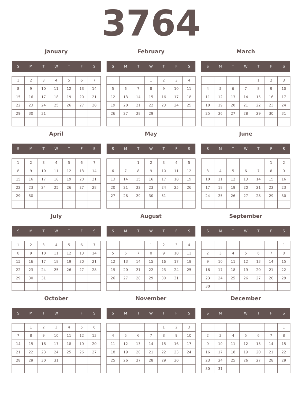 Printable 3764 Year Calendars wenge