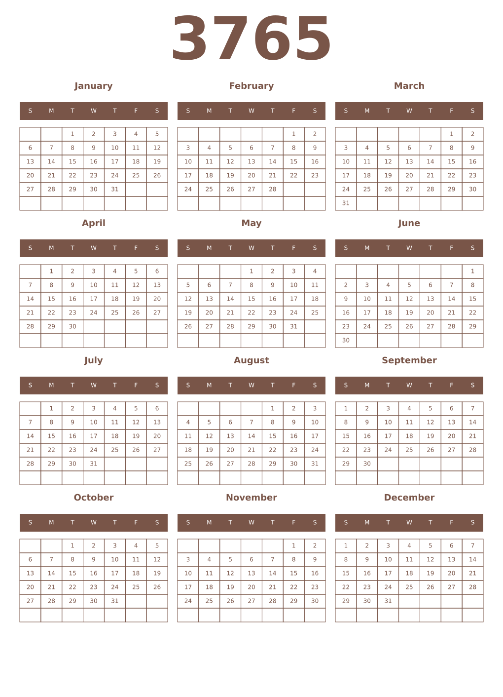Printable 3765 Year Calendars coffe