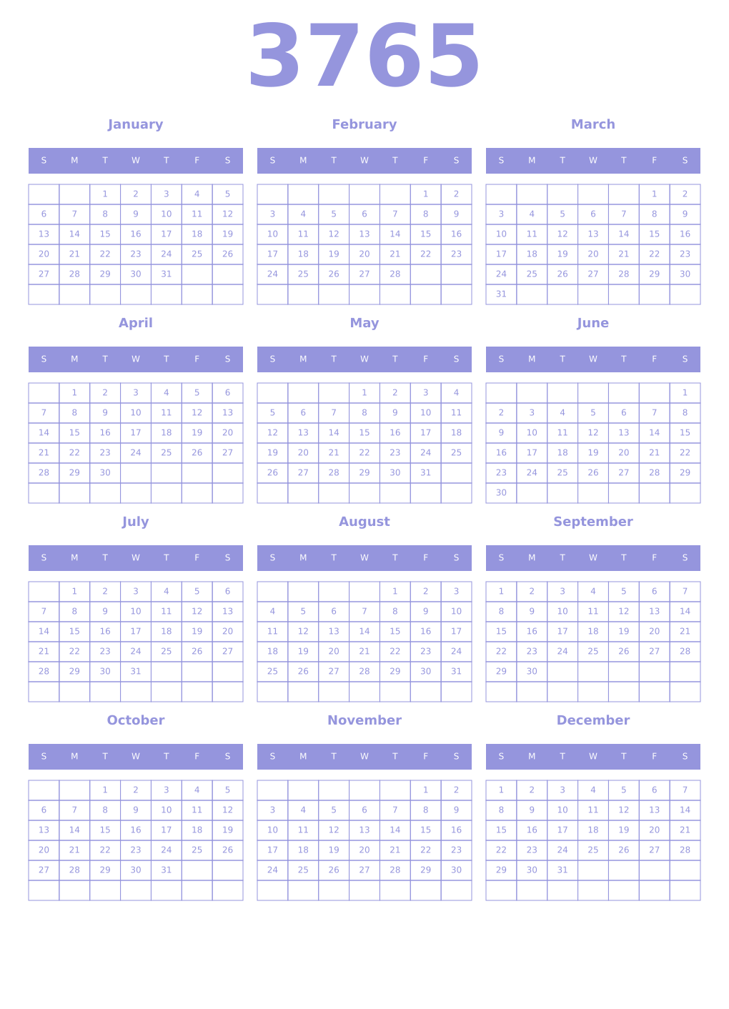Printable 3765 Year Calendars periwinkle
