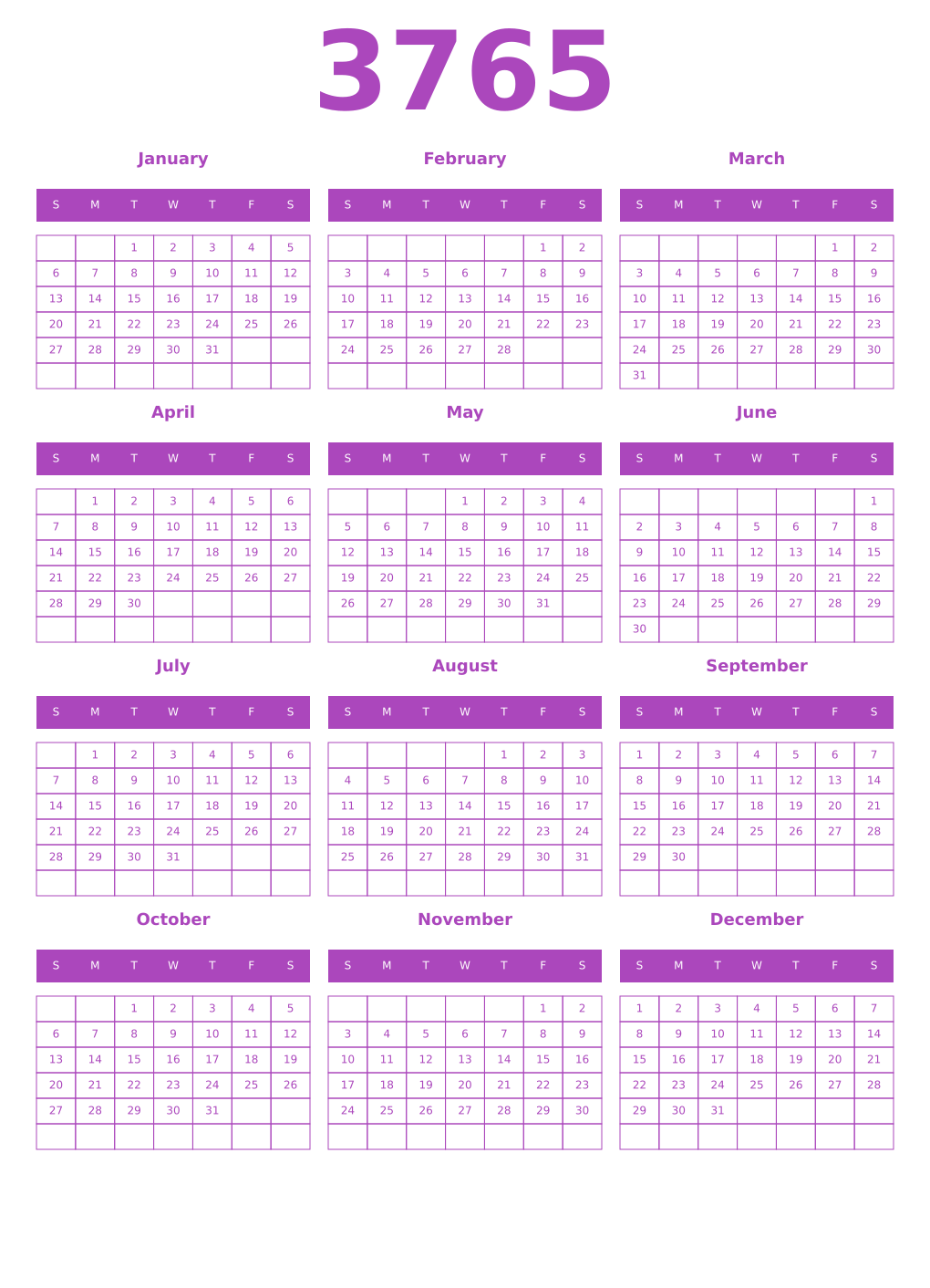 Printable 3765 Year Calendars purple