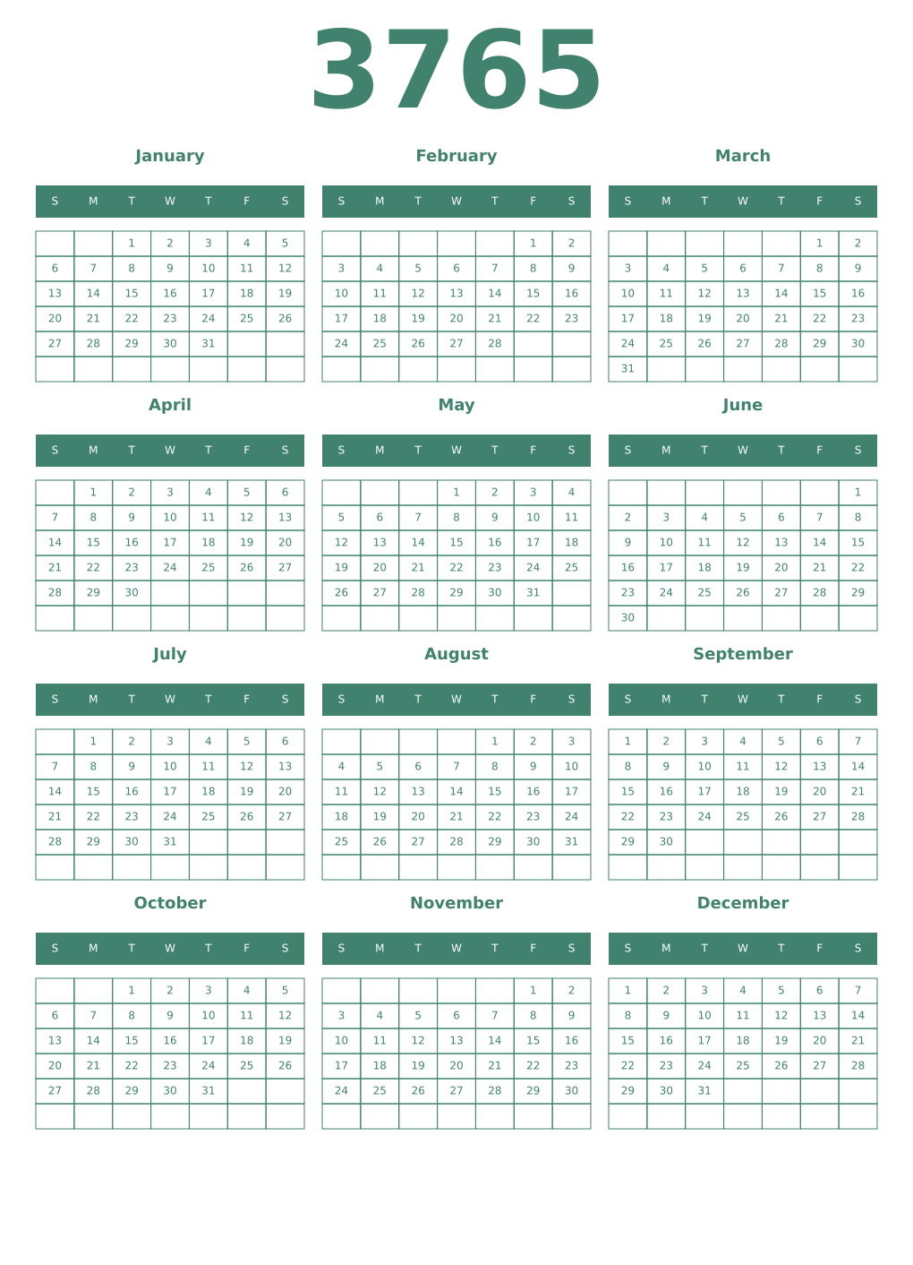 Printable 3765 Year Calendars viridian
