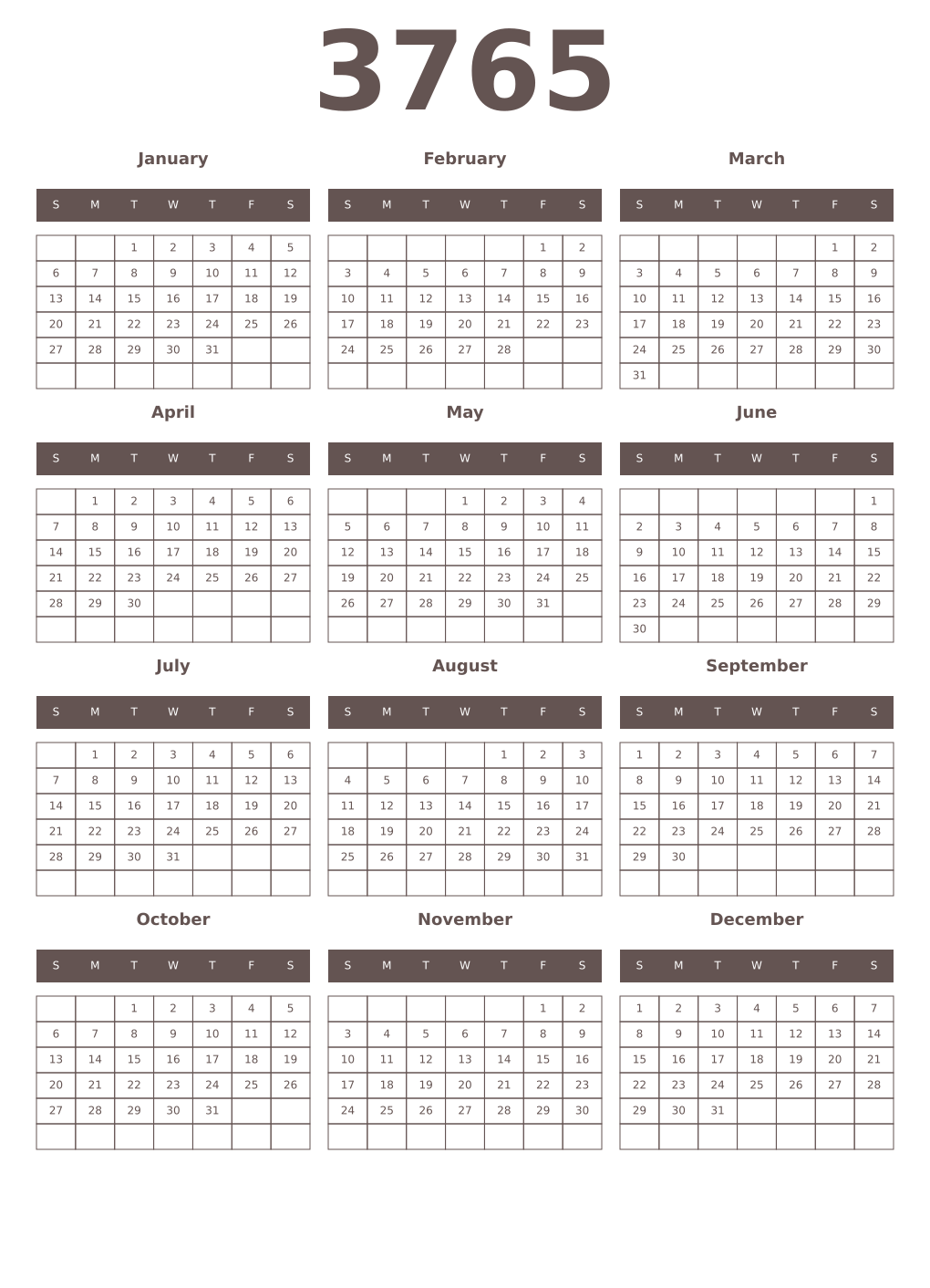 Printable 3765 Year Calendars wenge