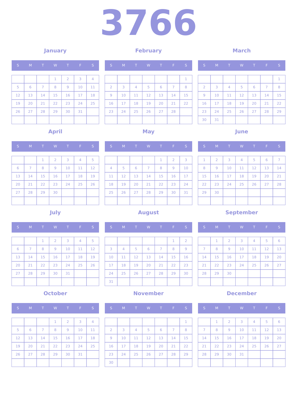 Printable 3766 Year Calendars periwinkle