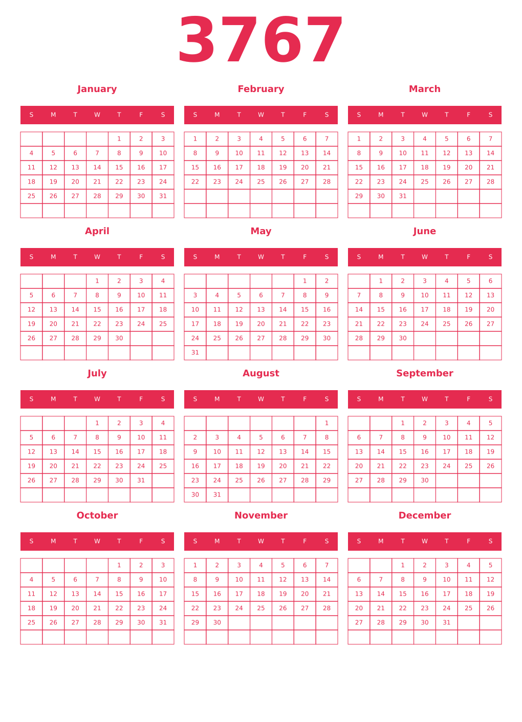 Printable 3767 Year Calendars amaranth