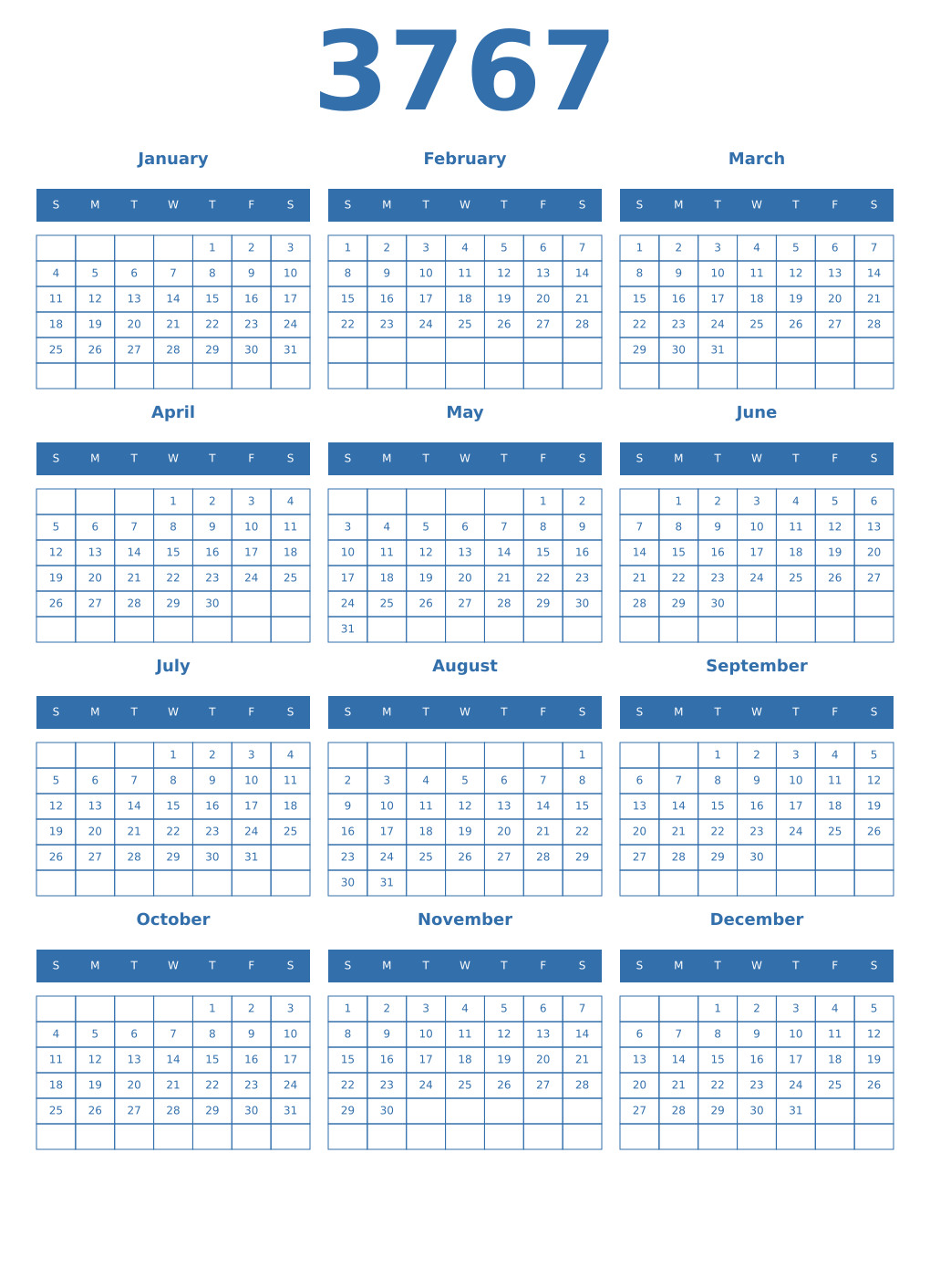 Printable 3767 Year Calendars blue