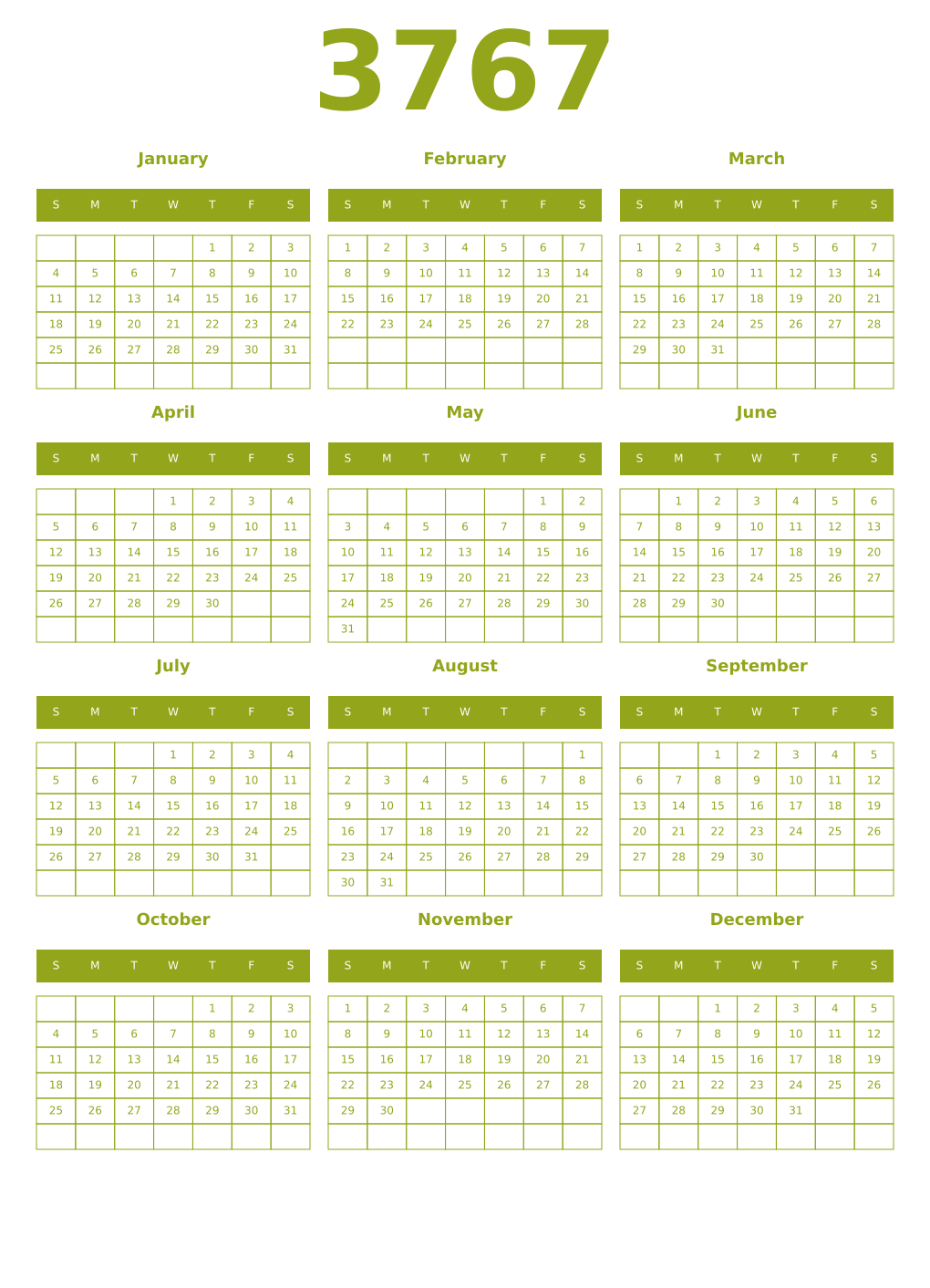 Printable 3767 Year Calendars chartreuse