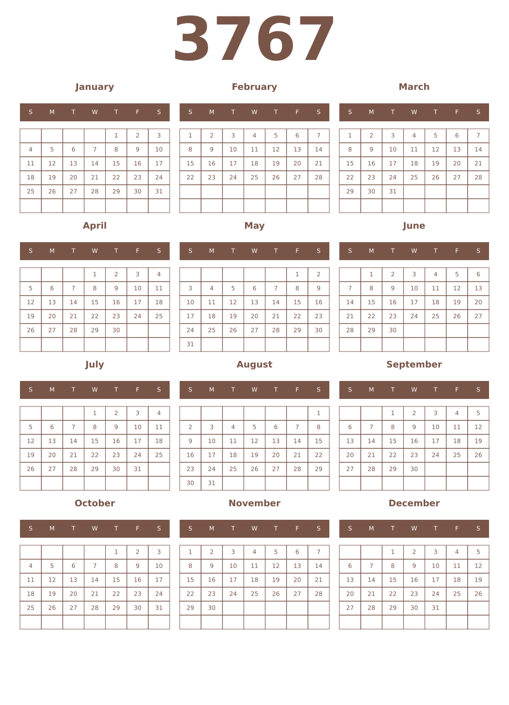 Printable 3767 Year Calendars coffe