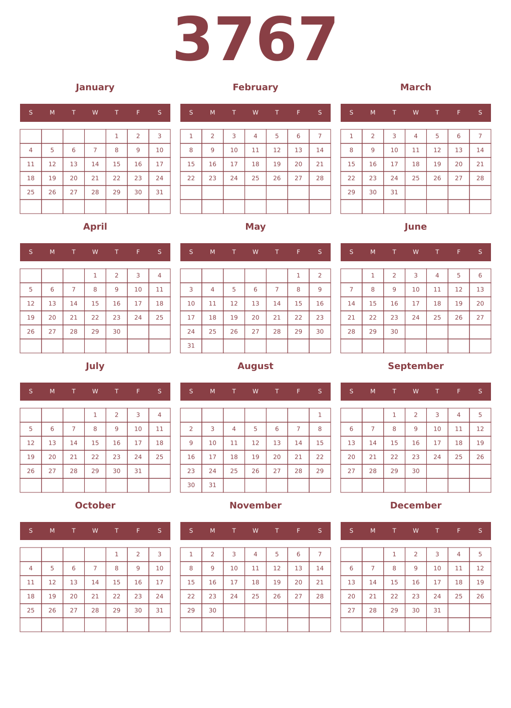 Printable 3767 Year Calendars cordovan