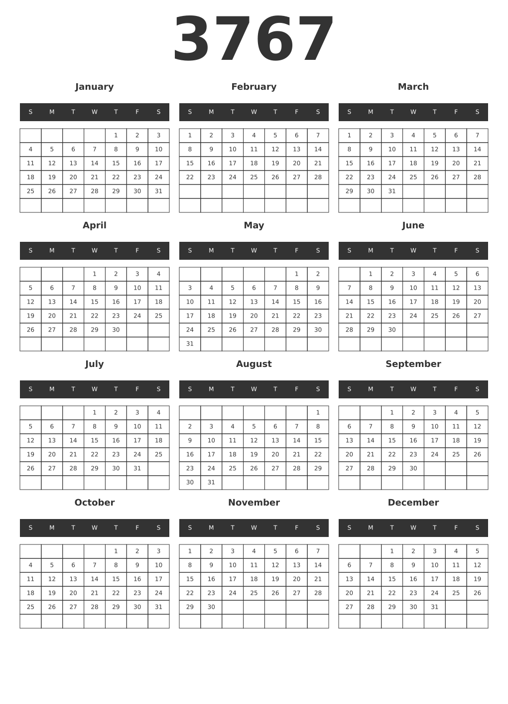 Printable 3767 Year Calendars dark