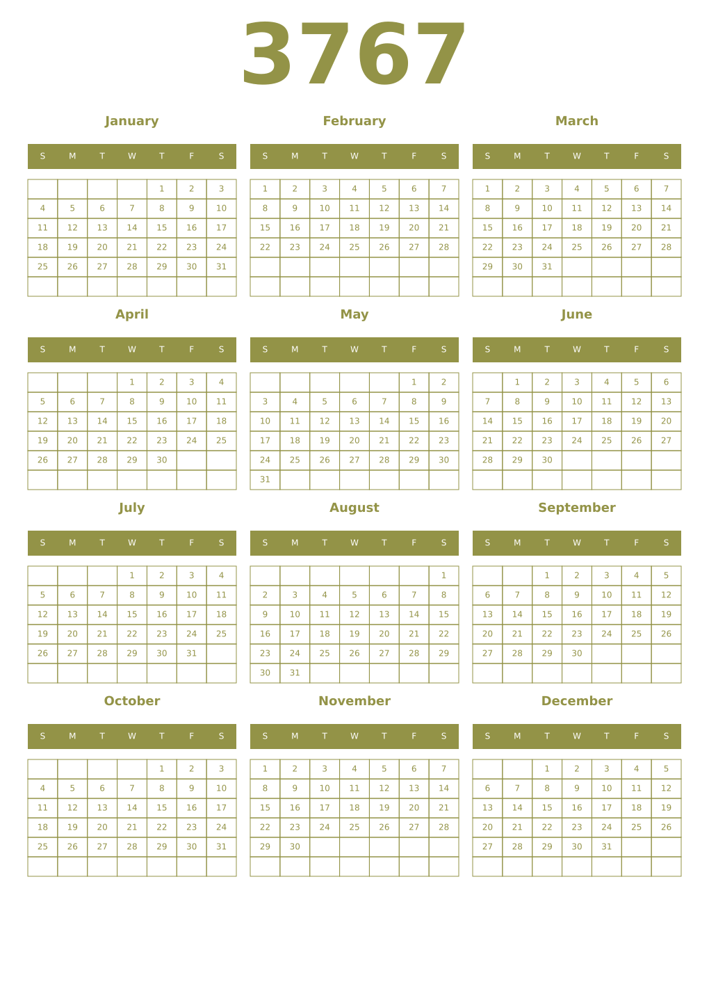 Printable 3767 Year Calendars eburnean