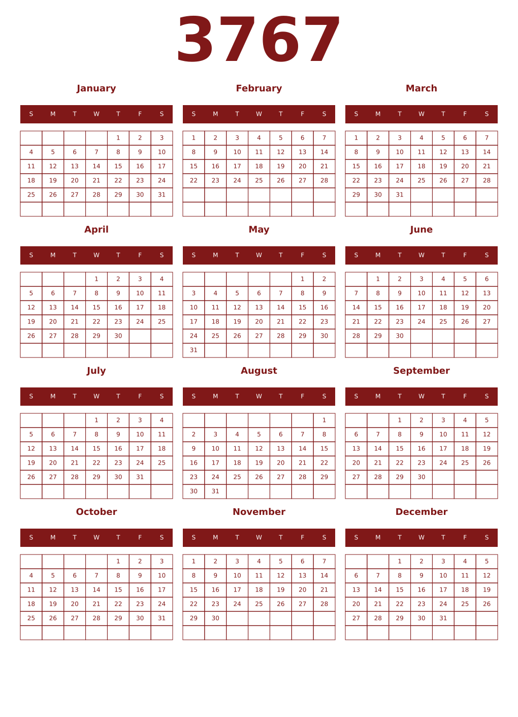 Printable 3767 Year Calendars falu