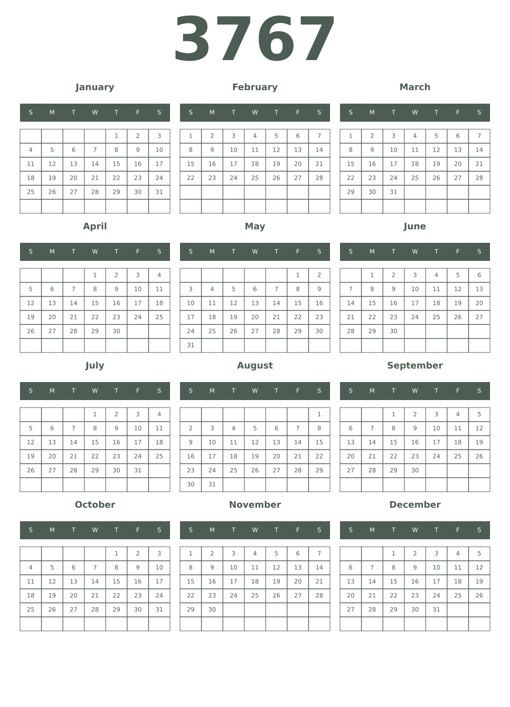 Printable 3767 Year Calendars feldgrau