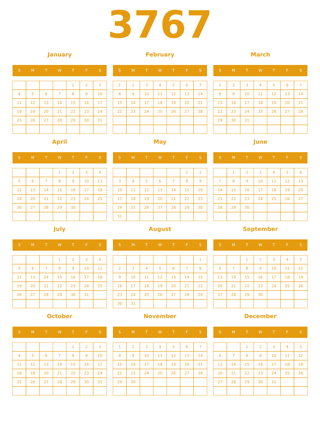 Printable 3767 Year Calendars gamboge