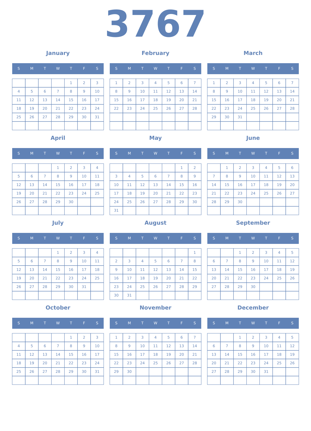 Printable 3767 Year Calendars glaucous