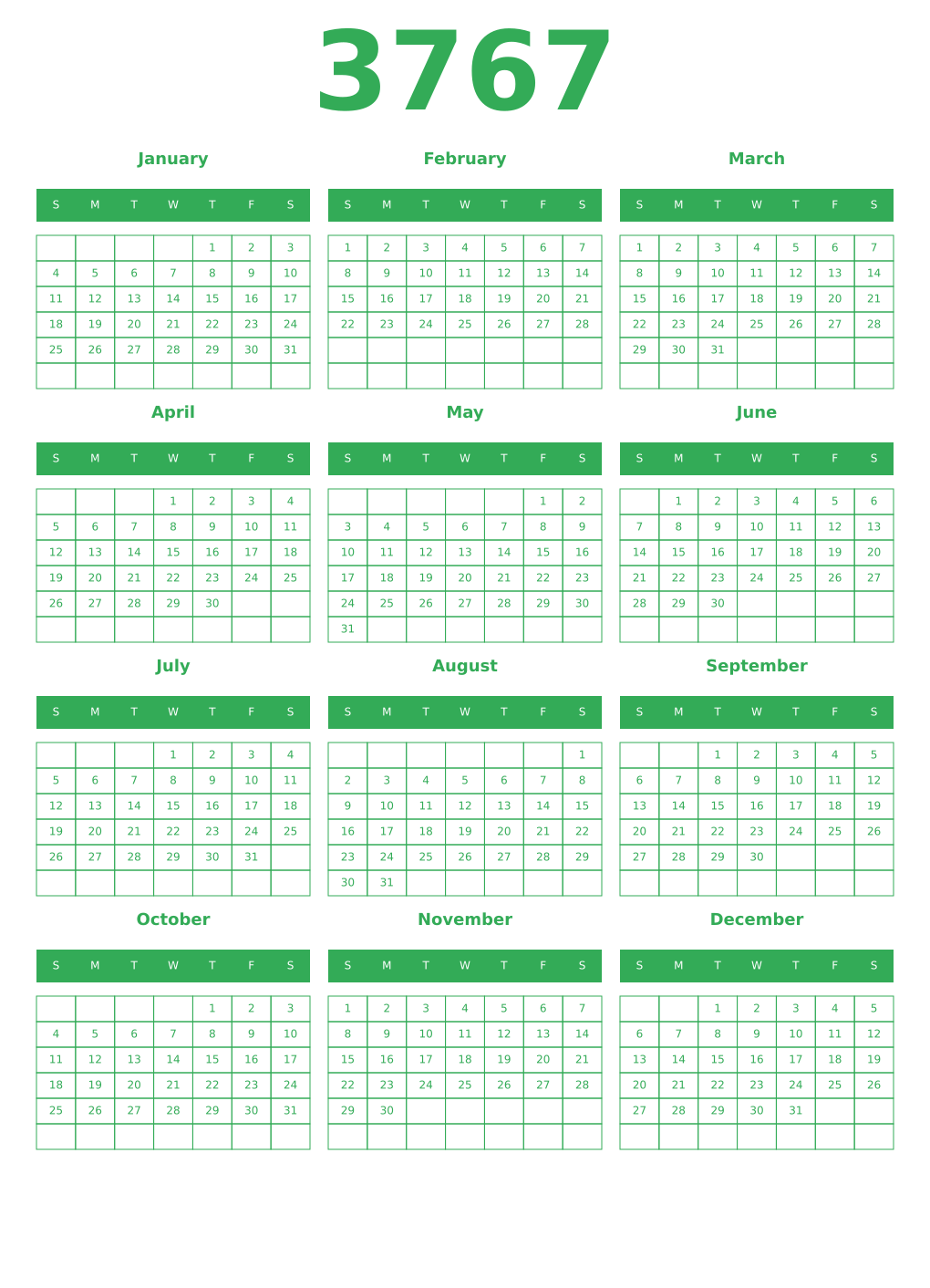 Printable 3767 Year Calendars green