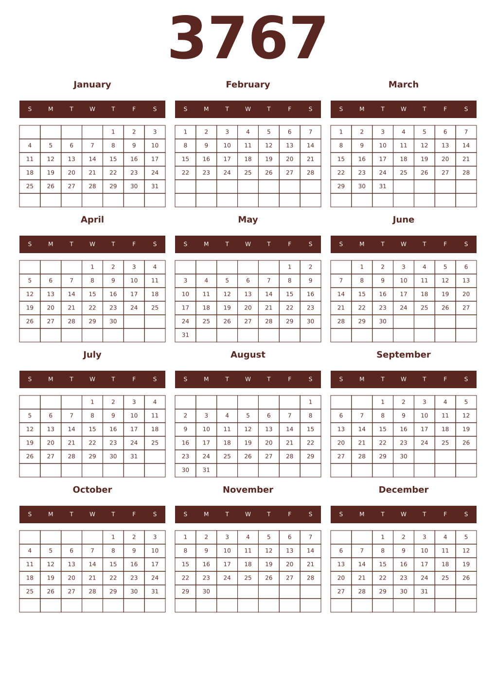 Printable 3767 Year Calendars mortuum