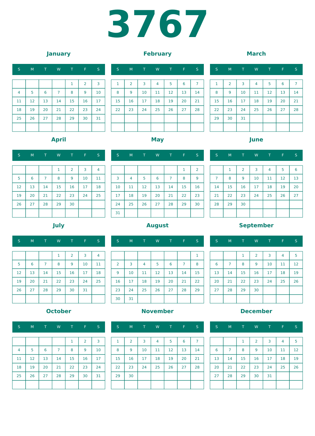 Printable 3767 Year Calendars pastel
