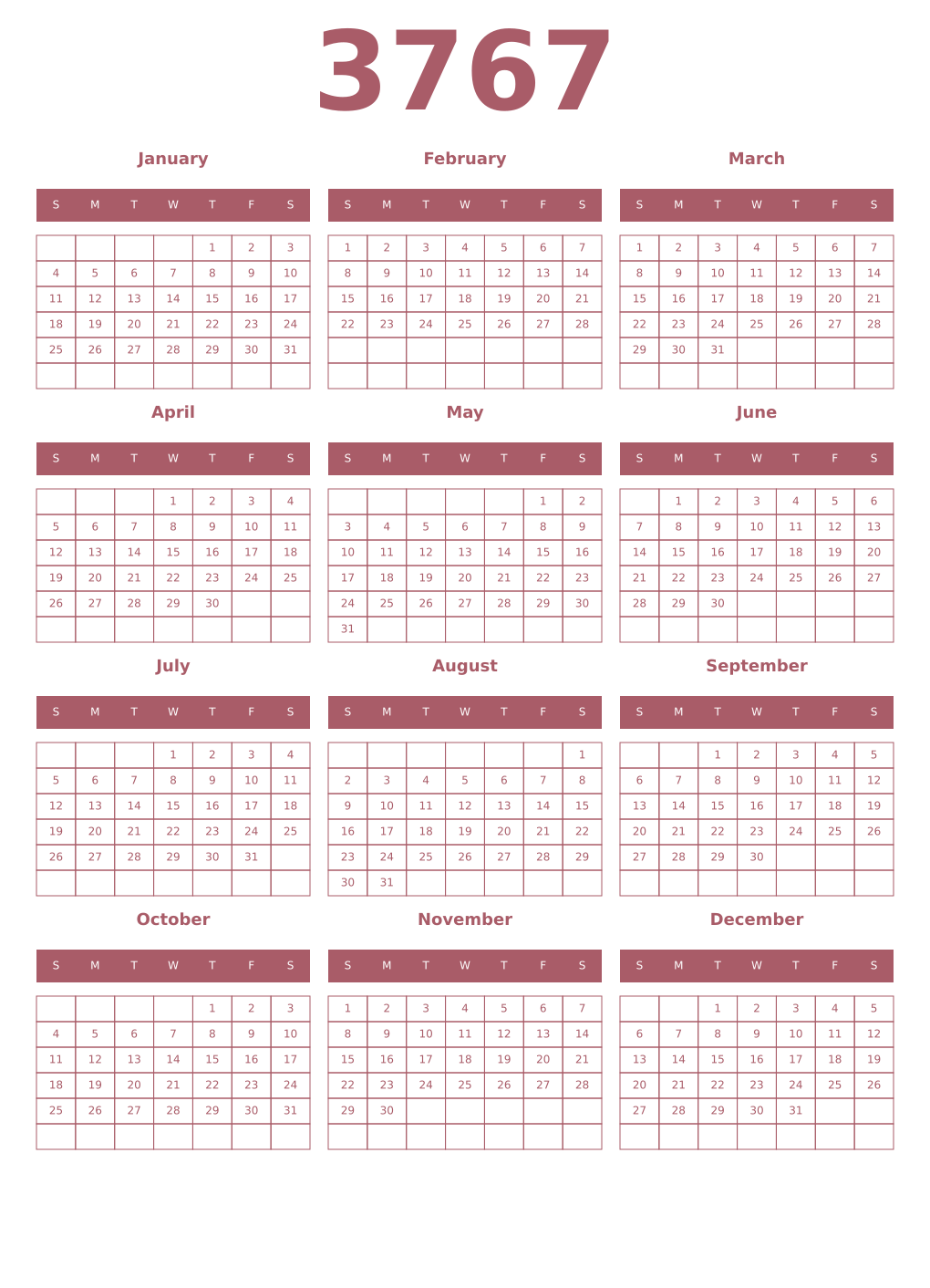 Printable 3767 Year Calendars puce