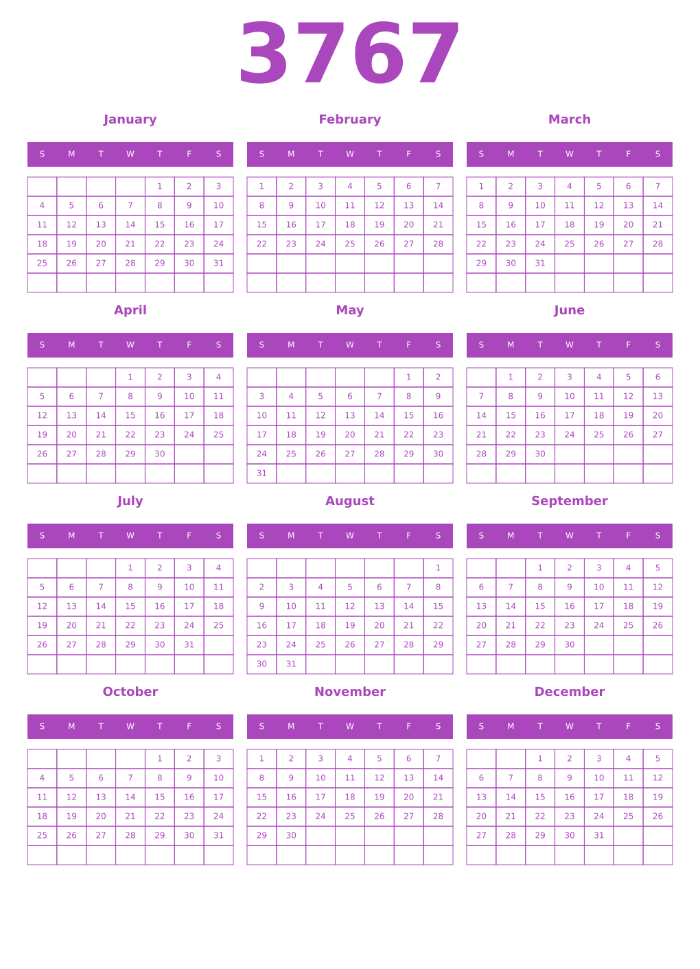Printable 3767 Year Calendars purple
