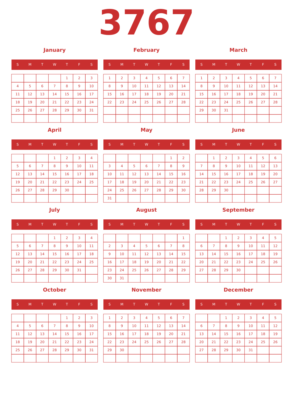 Printable 3767 Year Calendars red