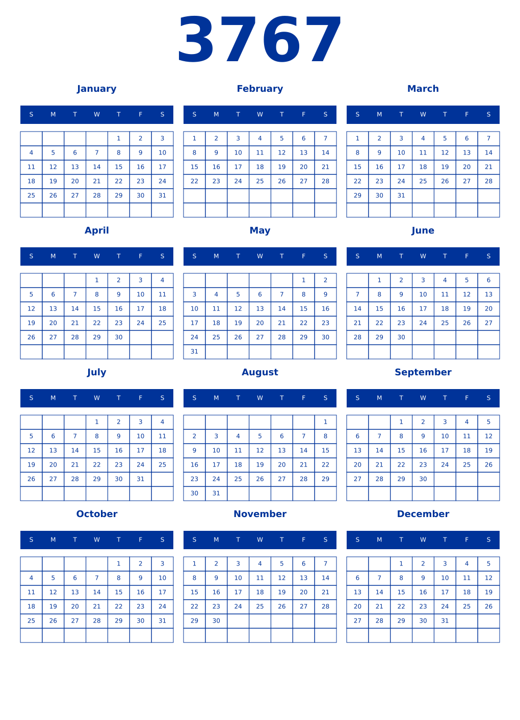 Printable 3767 Year Calendars smalt