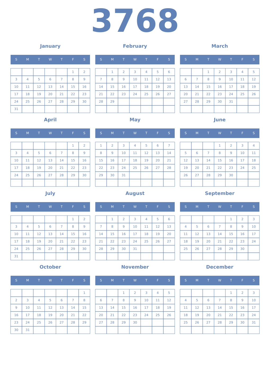 Printable 3768 Year Calendars glaucous