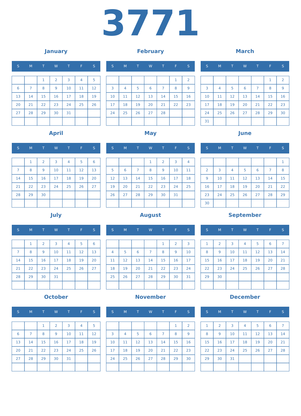 Printable 3771 Year Calendars blue