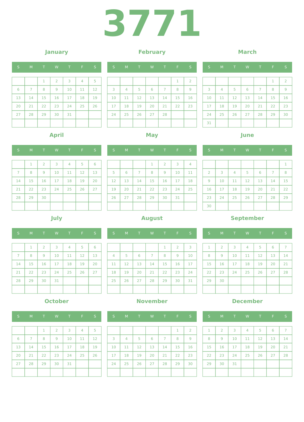 Printable 3771 Year Calendars celadon