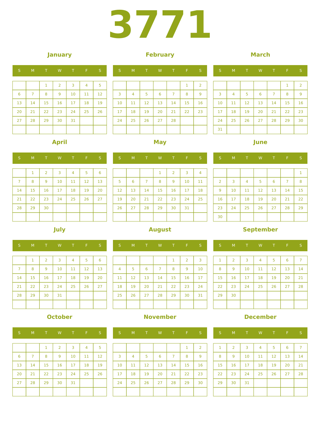 Printable 3771 Year Calendars chartreuse
