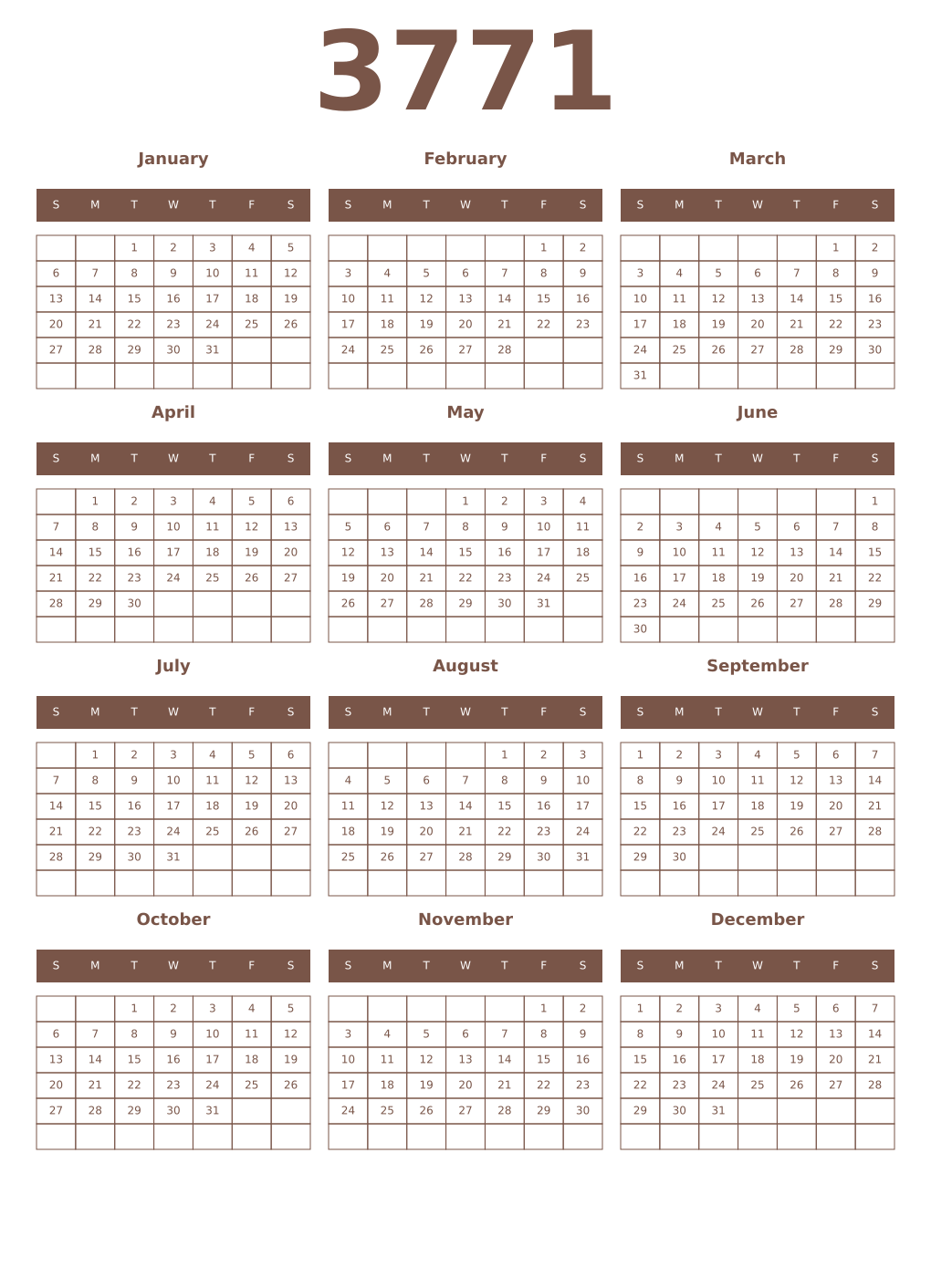 Printable 3771 Year Calendars coffe