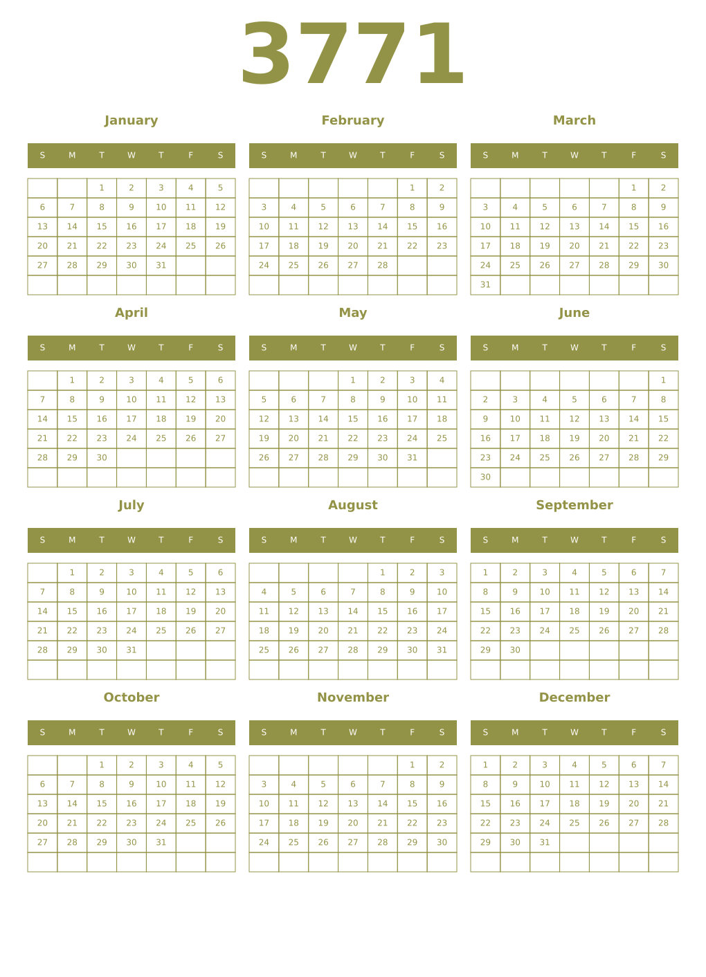 Printable 3771 Year Calendars eburnean