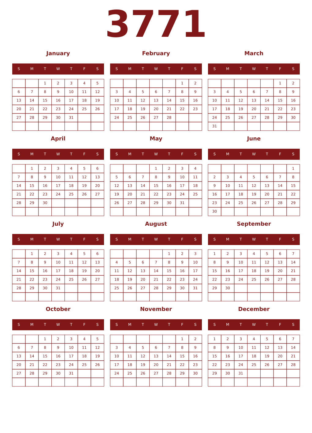 Printable 3771 Year Calendars falu