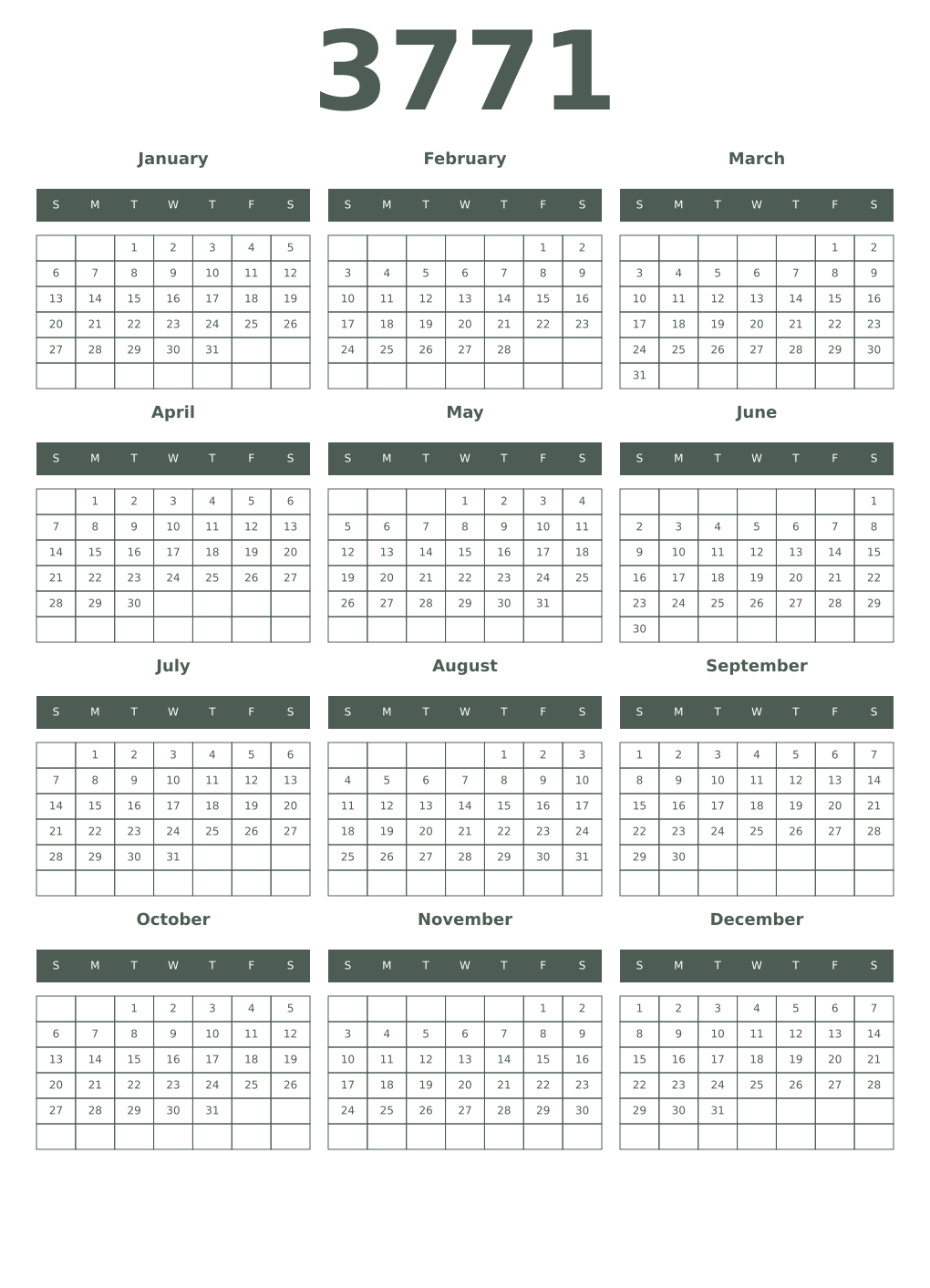 Printable 3771 Year Calendars feldgrau