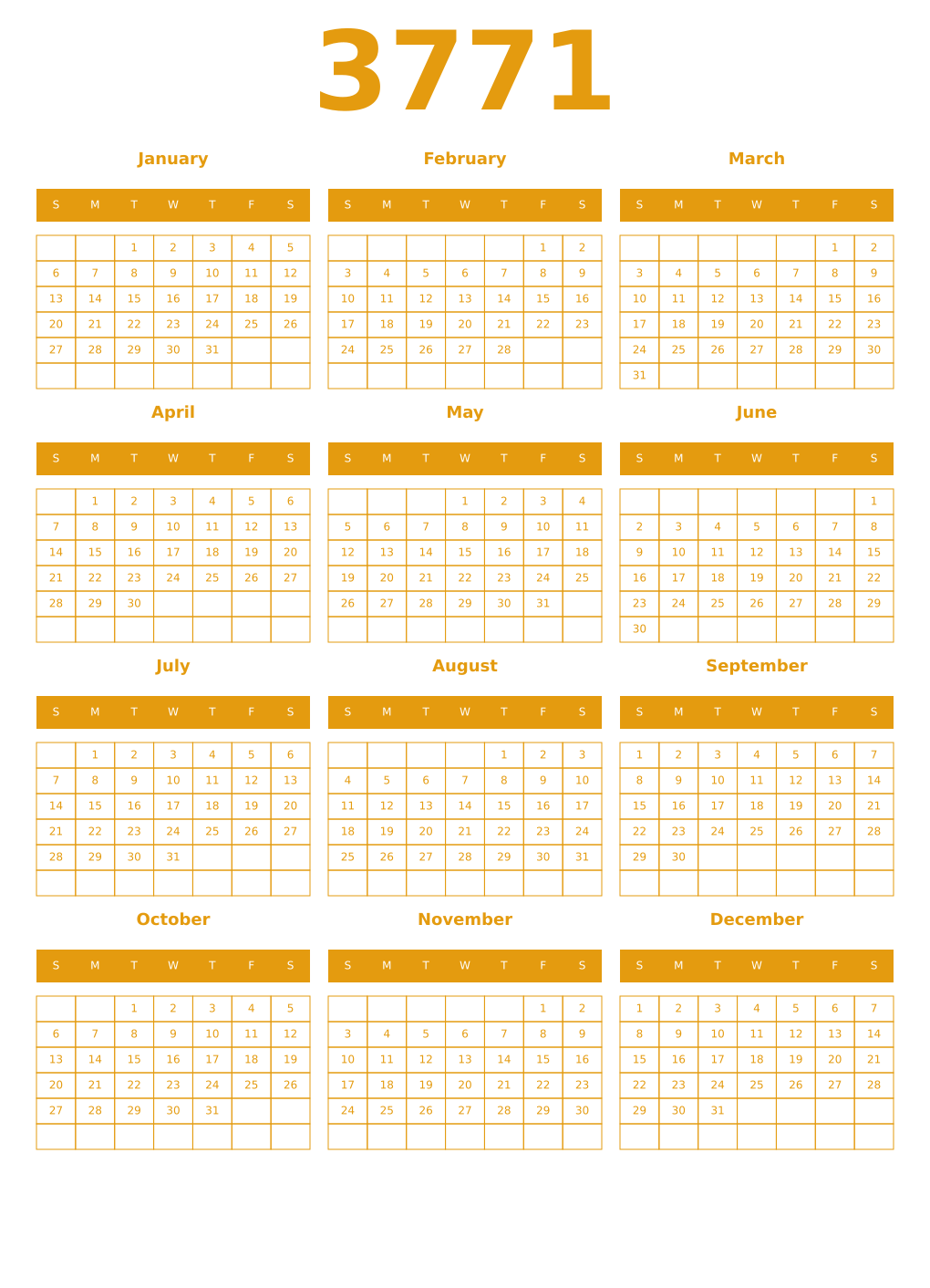 Printable 3771 Year Calendars gamboge