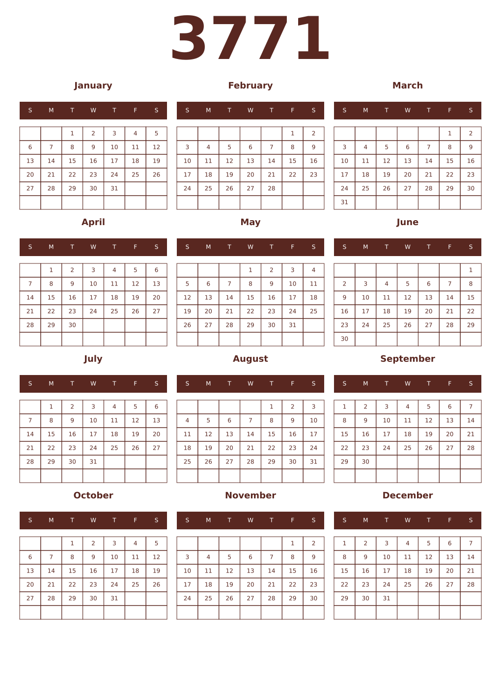 Printable 3771 Year Calendars mortuum