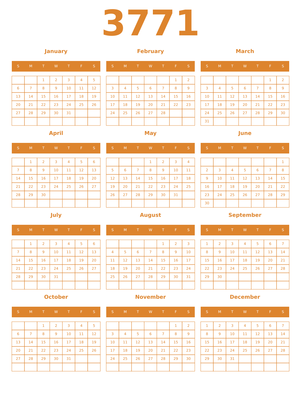 Printable 3771 Year Calendars orange
