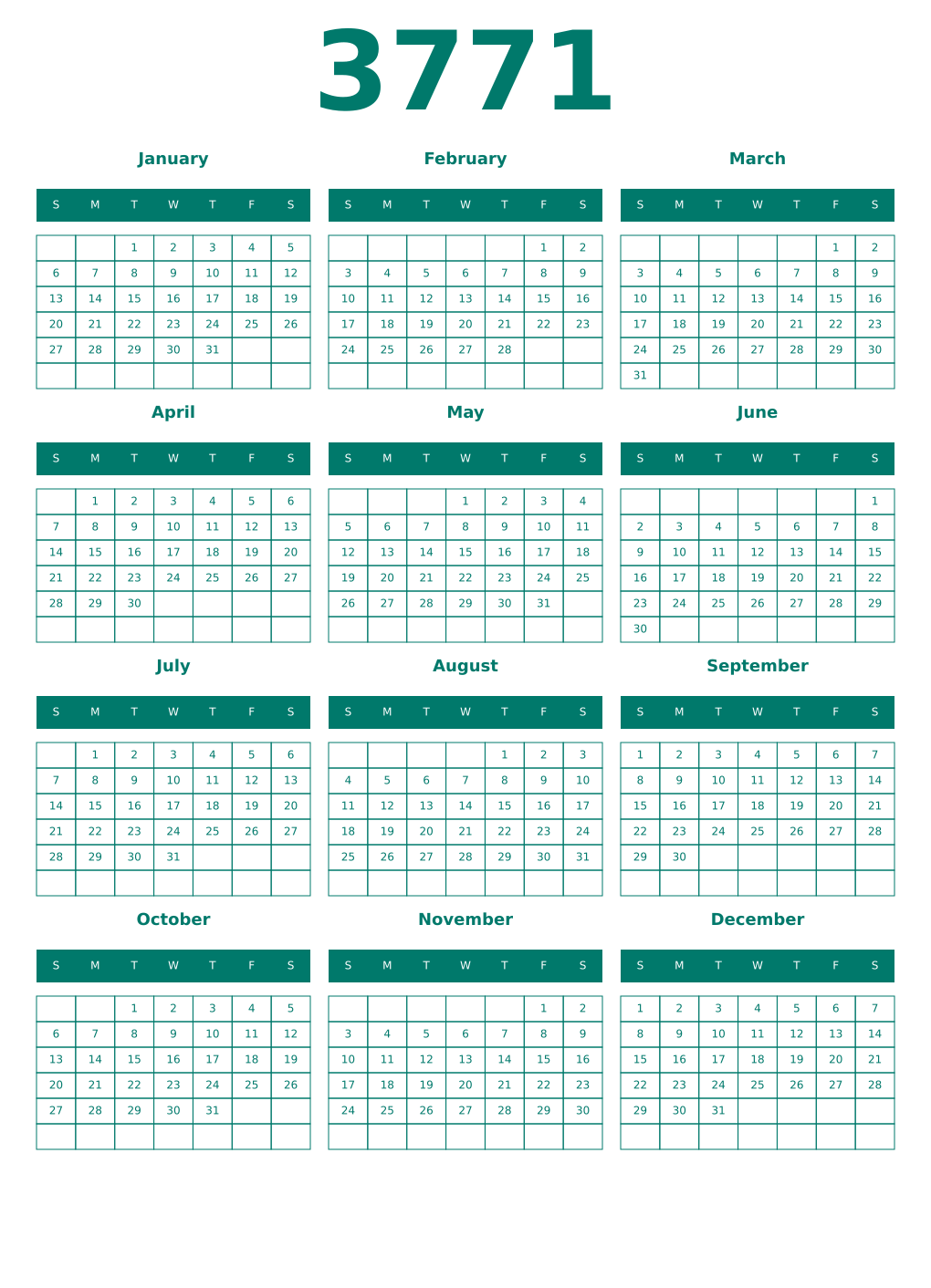 Printable 3771 Year Calendars pastel