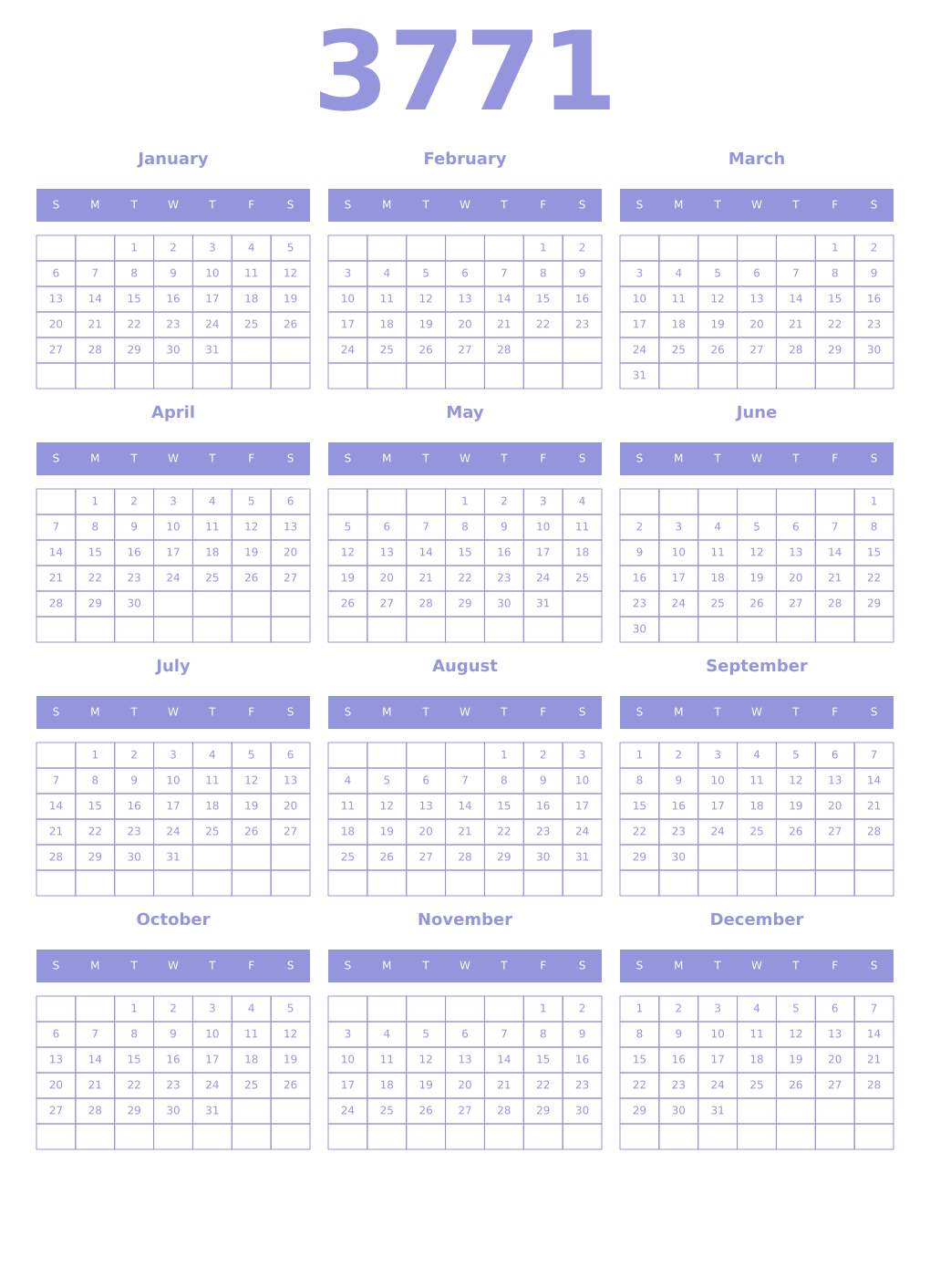Printable 3771 Year Calendars periwinkle