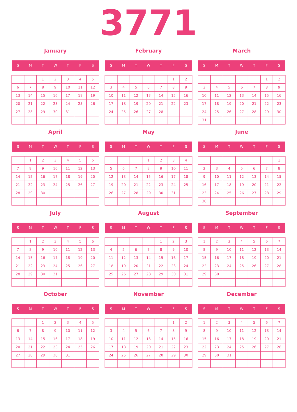 Printable 3771 Year Calendars pink
