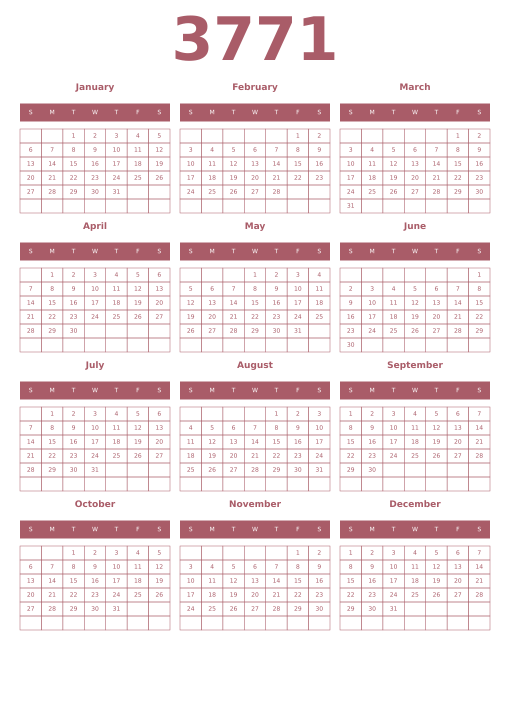 Printable 3771 Year Calendars puce