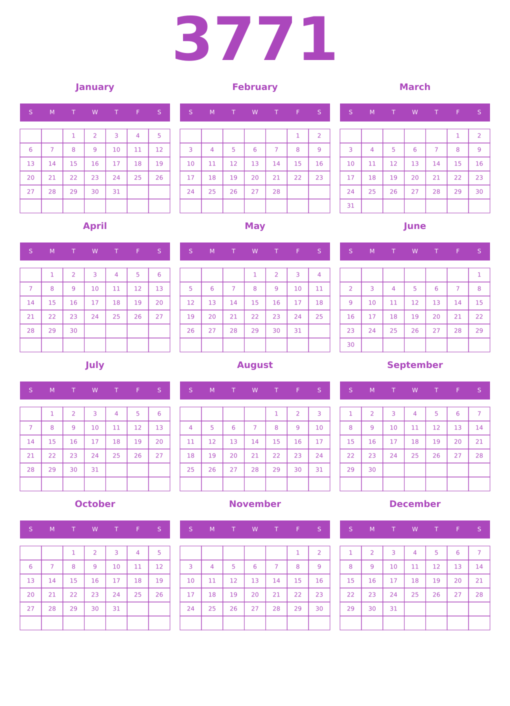 Printable 3771 Year Calendars purple